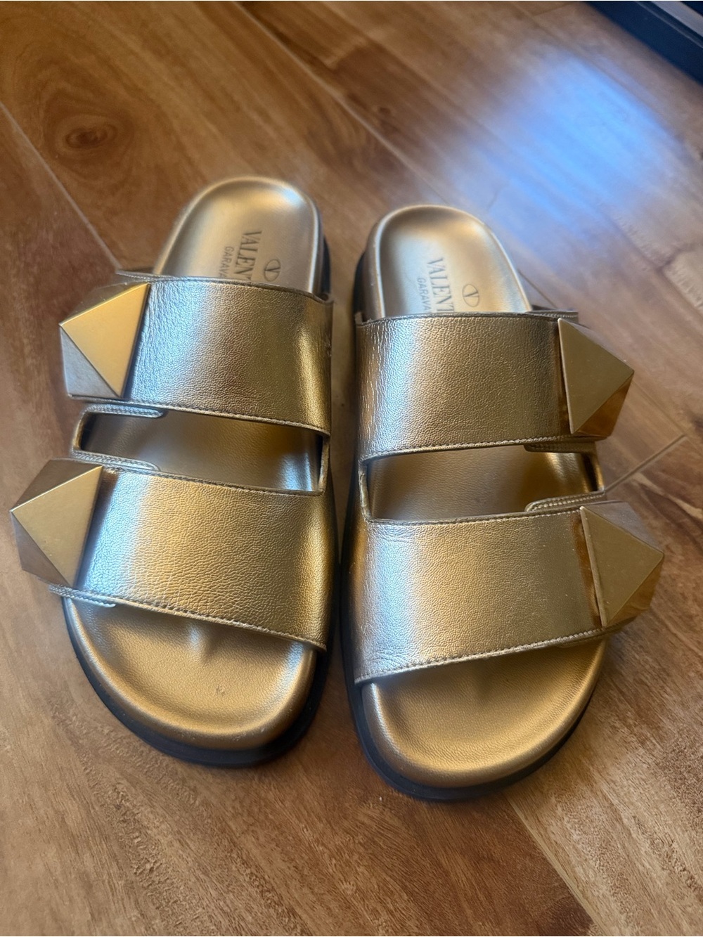 Valentino Metallic Gold Pyramid-Stud Double-Strap Slide Sandals